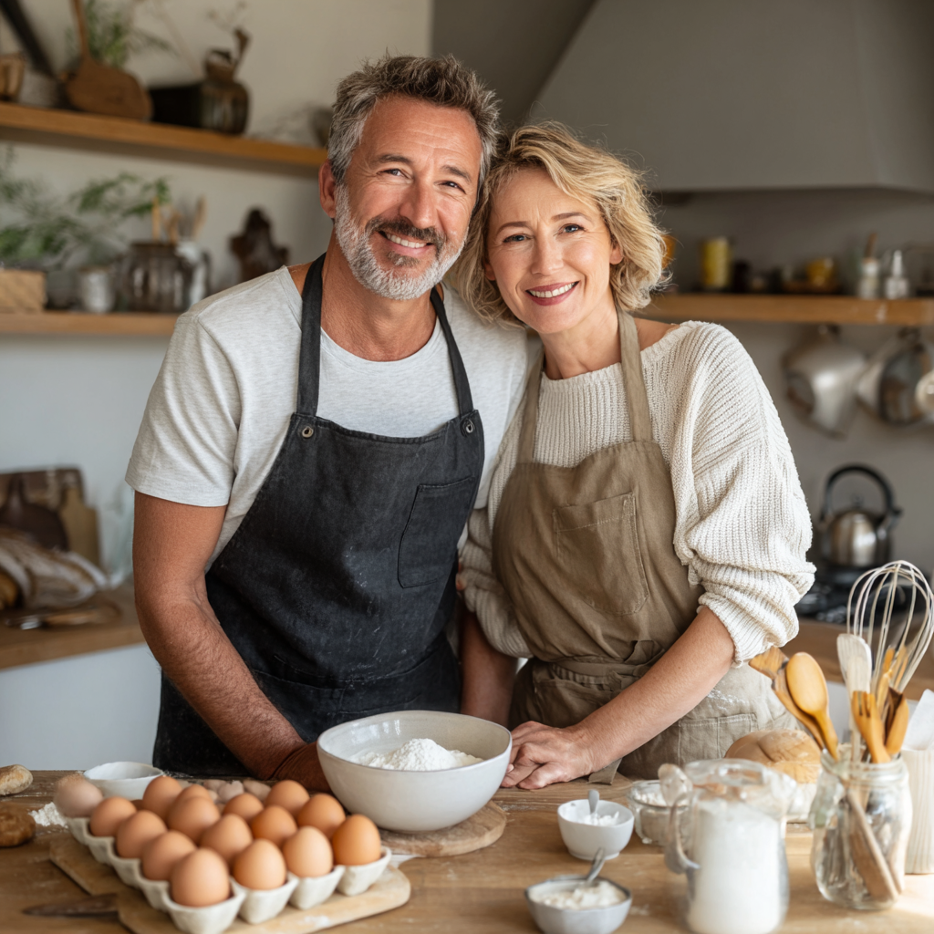 Happy middle-aged couple cooking together in bright kitchen