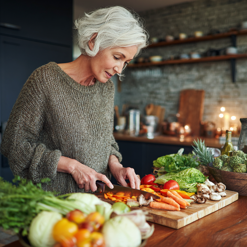 Mature woman preparing healthy colorful meal in modern kitchen
